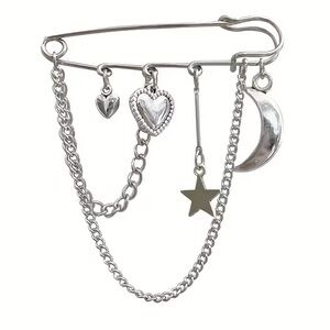 Silver Charm Safety Pin Style Brooch with Hearts Moon and Star New In Packaging